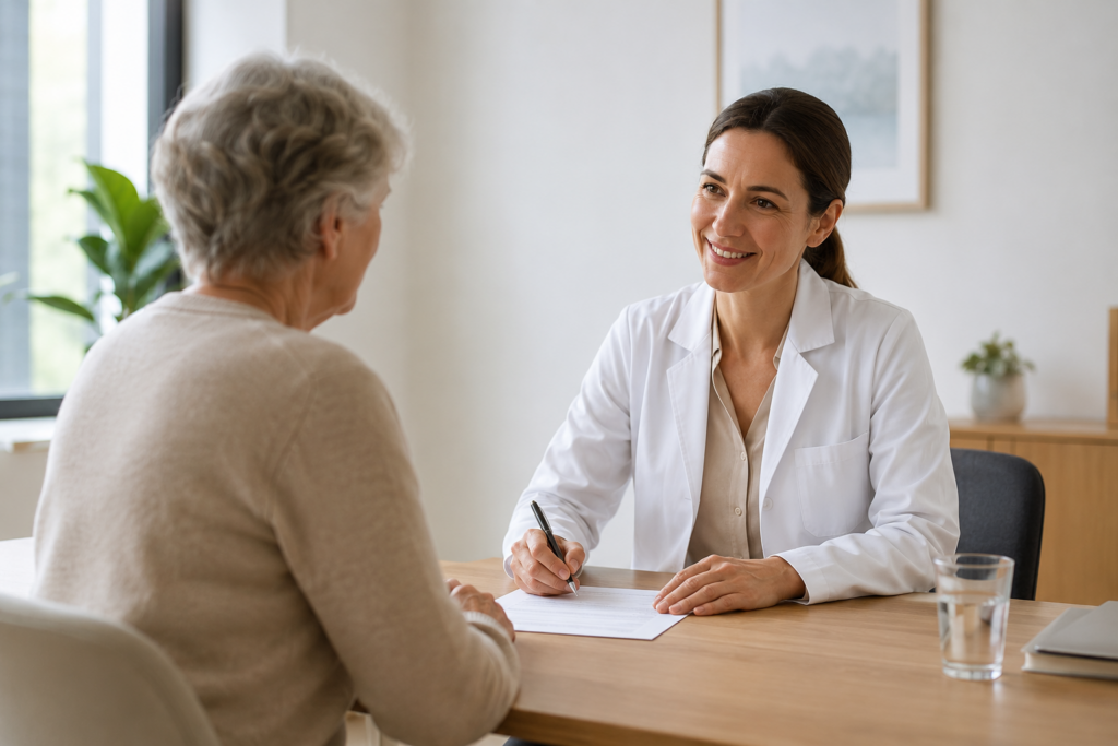Keuringsarts bespreekt gezondheidsverklaring bij medische aandoening met een klant
