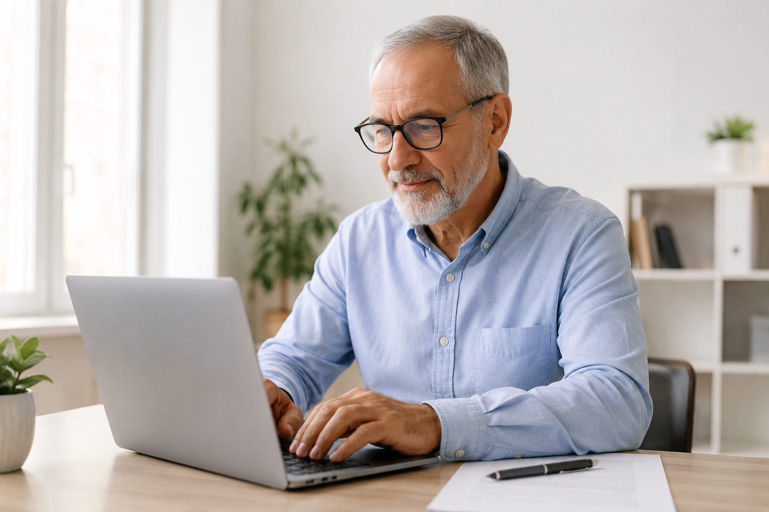 Oudere volwassene vult de Gezondheidsverklaring CBR aan op een laptop