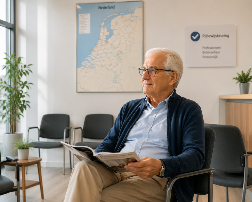 Oudere man wacht op zijn rijbewijskeuring op een van de locaties in Nederland